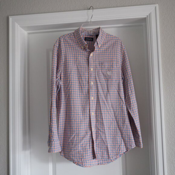 Chaps Men's Orange and Blue Checkered Button Down Long Sleeve Shirt Size Small - Picture 1 of 9